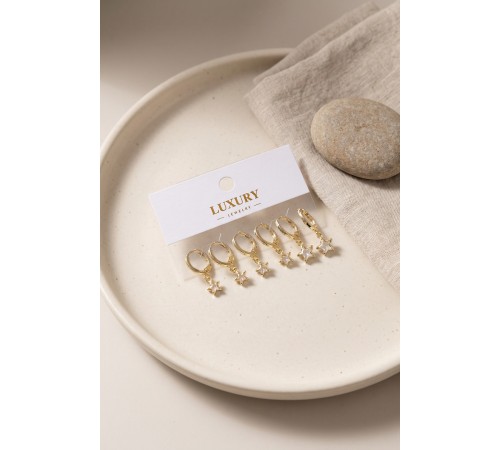 Yıldız Zirkon Taşlı Gold Renk Pirinç Set Küpe