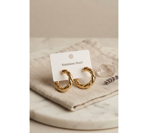 316L Çelik Gold Renk Vintage Kıvrımlı Halka Model Küpe