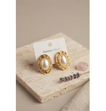 316L Gold Renk Gold Renk Vintage Beyaz İncili Model Küpe