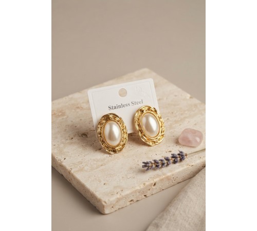 316L Gold Renk Gold Renk Vintage Beyaz İncili Model Küpe