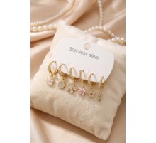 316L Çelik Gold Renk Lotus Detaylı Kadın Küpe Seti