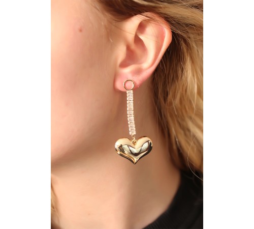 Çelik Altın Renk Baget Taşlı Kalp Küpe