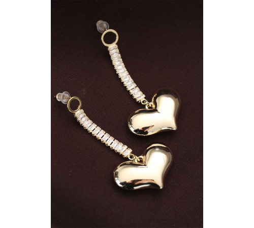 Çelik Altın Renk Baget Taşlı Kalp Küpe