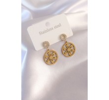 Çelik Gold Renk Çiçek Figür Zirkon Taş Detay Kadın Küpe