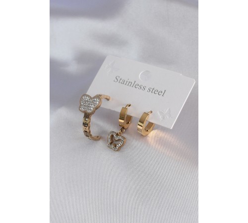 316L Çelik Gold Renk Kelebek Model Zirkon Taş Detay Kadın Küpe Kombini