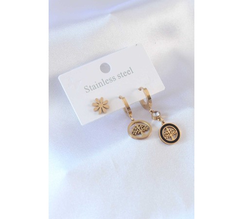 316L Çelik Gold renk Ağaç Model Çiçek Detay Zirkon Taşlı Kadın Küpe