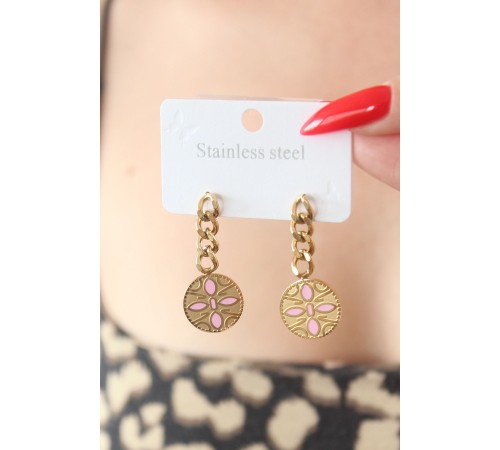 316L Çelik Gold Renk Sallantı Çiçek Model İşleme Detay Kadın Küpe