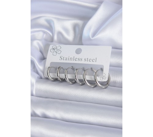316L Çelik Gümüş Renk Halka Kadın Küpe Seti