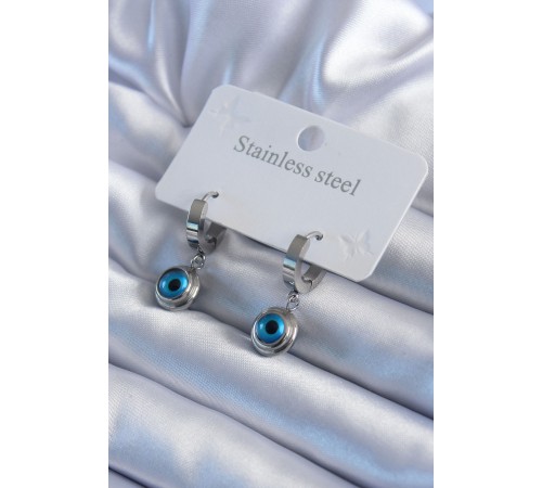 316L Çelik Gümüş Renk Nazar Boncuk Model Kadın Küpe