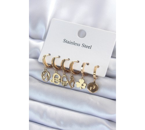 316L Çelik Gold Renk Çoklu Figür Model Kadın Küpe Seti