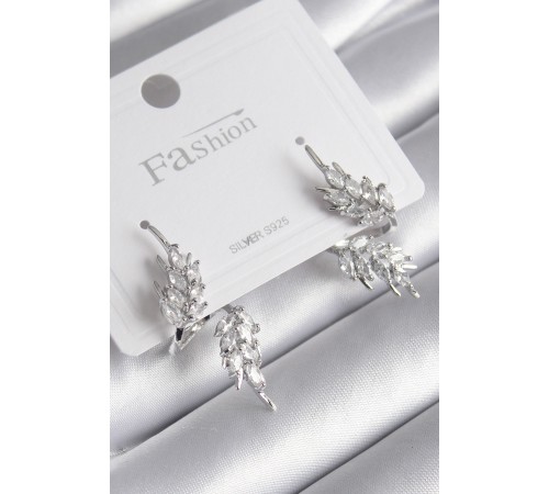 Pirinç Gümüş Renk Zirkon Taşlı Yaprak Model Kadın Küpe