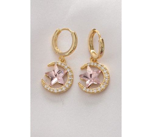 Pirinç Gold Renk Pembe Zirkon Taşlı Yıldız Detay Ay Küpe