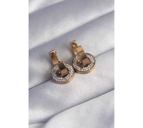 316L Çelik Gold Renk Zirkon Taşlı İç İçe Geçmeli Oval Küpe