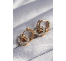 316L Çelik Gold Renk Zirkon Taşlı İç İçe Geçmeli Oval Küpe