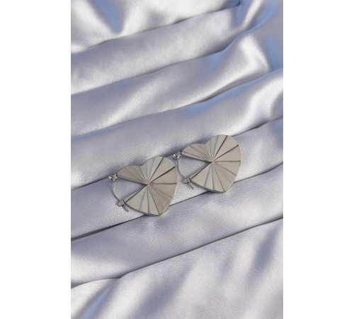 316L Çelik Gümüş Renk Çizgili Plaka Tasarımlı Kalp Küpe