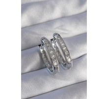 Pirinç Gümüş Renk Zirkon Taşlı Oval Model Küpe