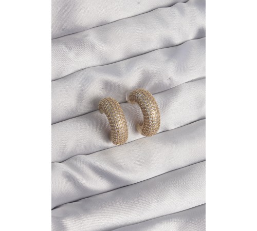 Pirinç Gold Renk Zirkon Taşlı Yarım Halka Küpe