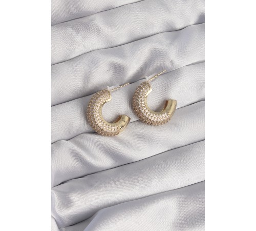 Pirinç Gold Renk Zirkon Taşlı Yarım Halka Küpe