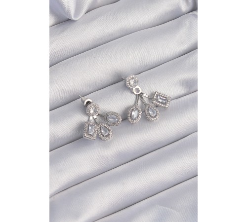 Pirinç Gümüş Renk Zirkon Taşlı Geometrik Model Küpe