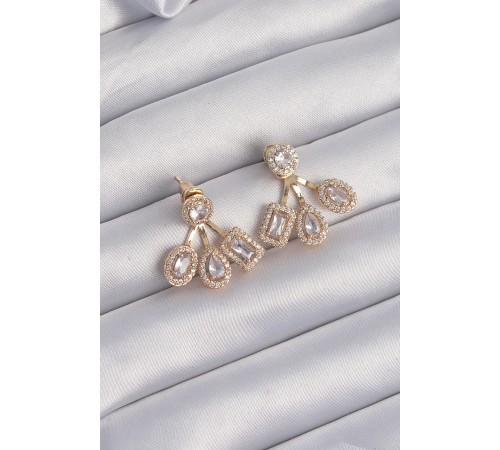 Pirinç Gold Renk Zirkon Taşlı Geometrik Model Küpe
