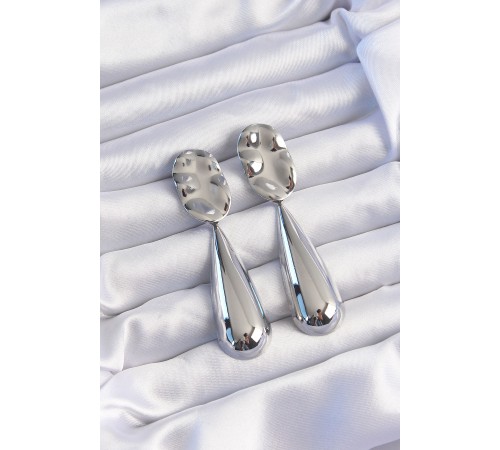 Pirinç Gümüş Renk Uzun Bombeli Ezme Plaka Küpe