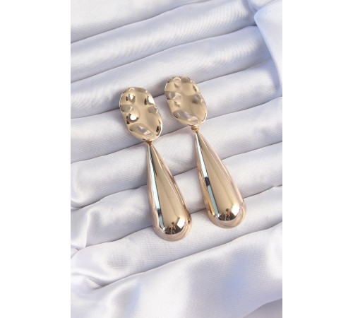 Pirinç Gold Renk Uzun Bombeli Ezme Plaka Küpe