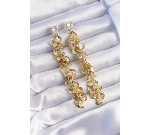 Pirinç Gold Renk Zirkon Taşlı Minimal Deniz Kabuklu Sallantılı Küpe