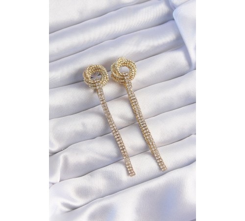 Pirinç Gold Renk Zirkon Taşlı Kıvrım Detay Sallantılı Küpe