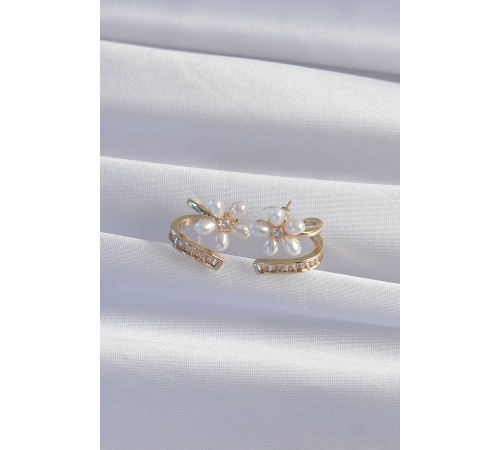 Pirinç Gold Renk Zirkon Taşlı Kıvrımlı İnci Çiçek Küpe