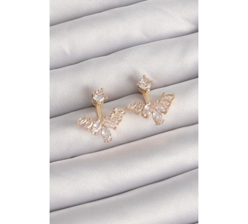 Pirinç Gold Renk Zirkon Taşlı V Model Küpe