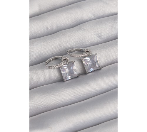 Pirinç Gümüş Renk Kare Zirkon Taşlı Halka Küpe