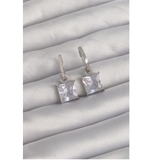 Pirinç Gümüş Renk Kare Zirkon Taşlı Halka Küpe