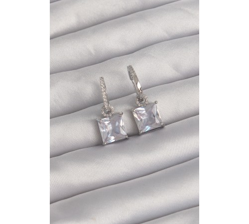 Pirinç Gümüş Renk Kare Zirkon Taşlı Halka Küpe