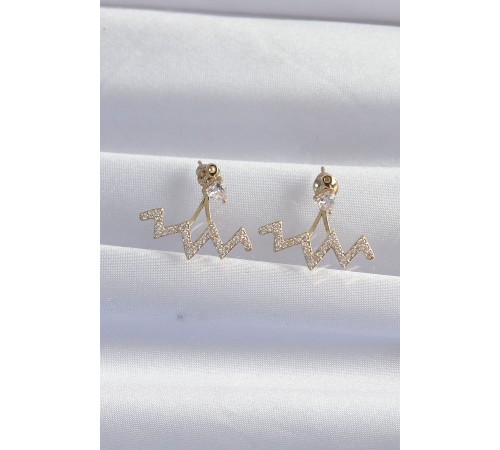 Pirinç Gold Renk Zirkon Taşlı Zikzak Küpe