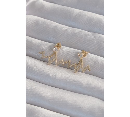 Pirinç Gold Renk Zirkon Taşlı Zikzak Küpe