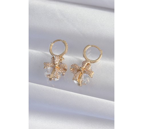 Pirinç Gold Renk İri Zirkon Taşlı Fiyonk Model Halka Küpe