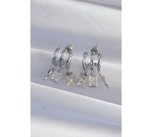 Pirinç Gümüş Renk Zirkon Taşlı Çoklu Aksesuarlı Yarım Halka Kaburga Küpe