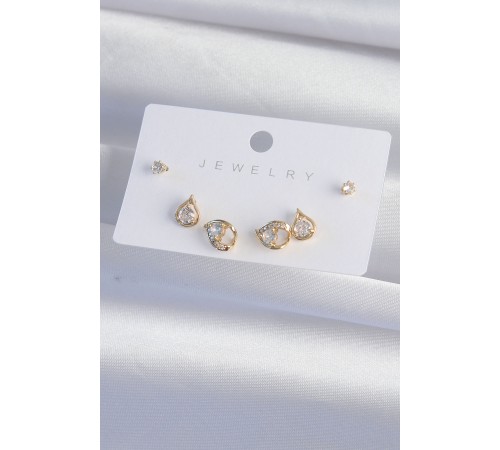 Pirinç Gold Renk Zirkon Taşlı Damla Model Küpe Seti