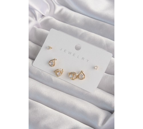 Pirinç Gold Renk Zirkon Taşlı Damla Model Küpe Seti