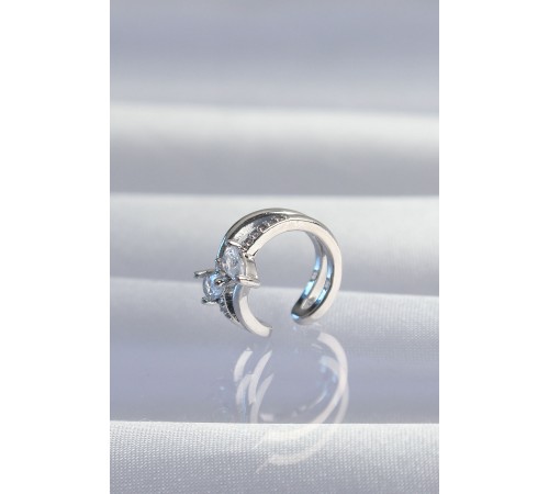 Pirinç Gümüş Renk Zirkon Taşlı Damla Earcuff Küpe