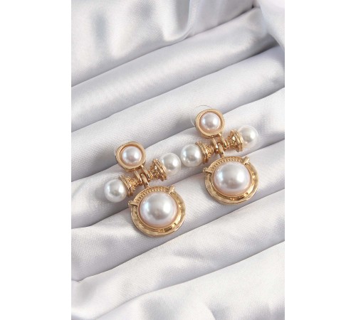 Pirinç Gold Renk İnci Taşlı Motifli Küpe