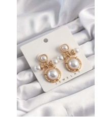 Pirinç Gold Renk İnci Taşlı Motifli Küpe