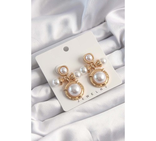 Pirinç Gold Renk İnci Taşlı Motifli Küpe