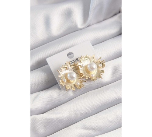 Pirinç Gold Renk Zirkon Taşlı Parlayan İnci Taneleri Küpe