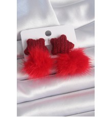Kırmızı Renk Tüylü Yıldız Ponpon Model Kadın Küpe