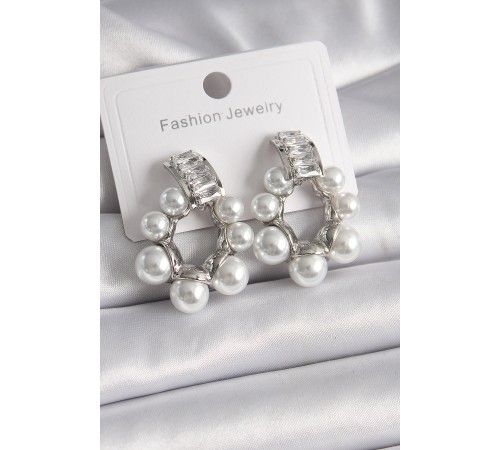 Pirinç Gümüş Renk Su Yolu Zirkon Taşlı İncili Halka Model Kadın Küpe