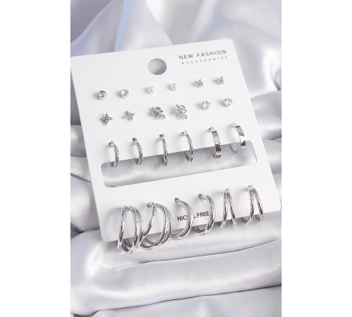 Pirinç Gümüş Renk Zirkon Taşlı 12 Çift Küpe Seti