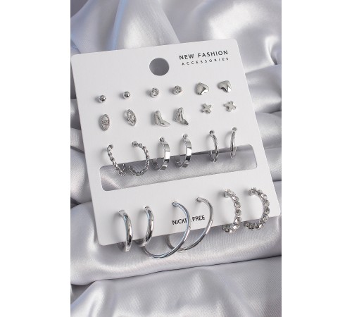 Pirinç Gümüş Renk 12 Çift Kadın Küpe Seti