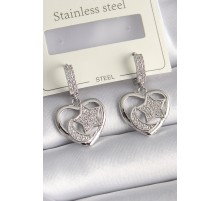 Pirinç Gümüş Renk Kalp Model Zirkon Taşlı Ay Yıldız İşlemeli Kadın Küpe