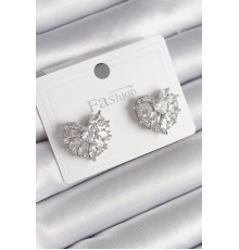 Pirinç Gümüş Renk Zirkon Taşlı Kalp Model Kadın Küpe